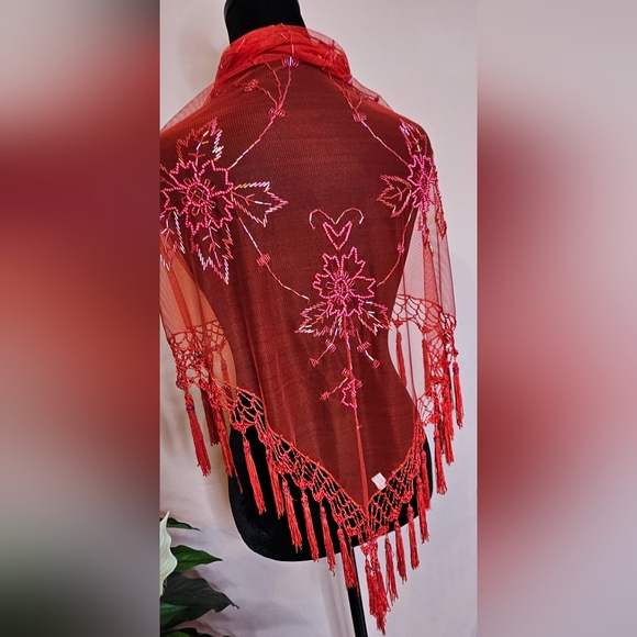 A distinctive Floral Sheer Shawl Showcases Red Beadwork Embroidery. - Picture 2 of 10
